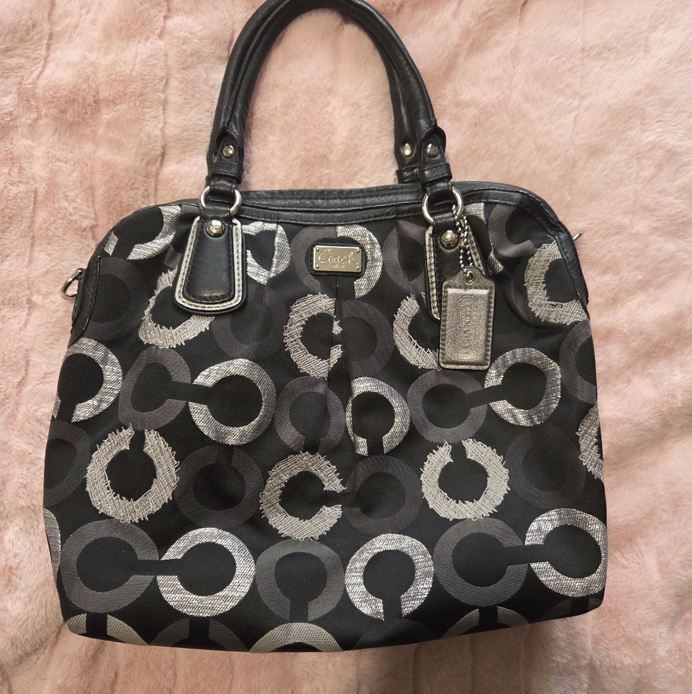 Coach Black & Gray Signature C Print Shoulder Bag